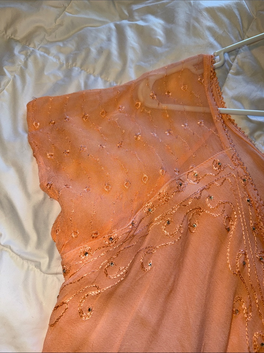 Embroidered Peach V-Neck Women's Blouse with Tie Front - Picture 3 of 6